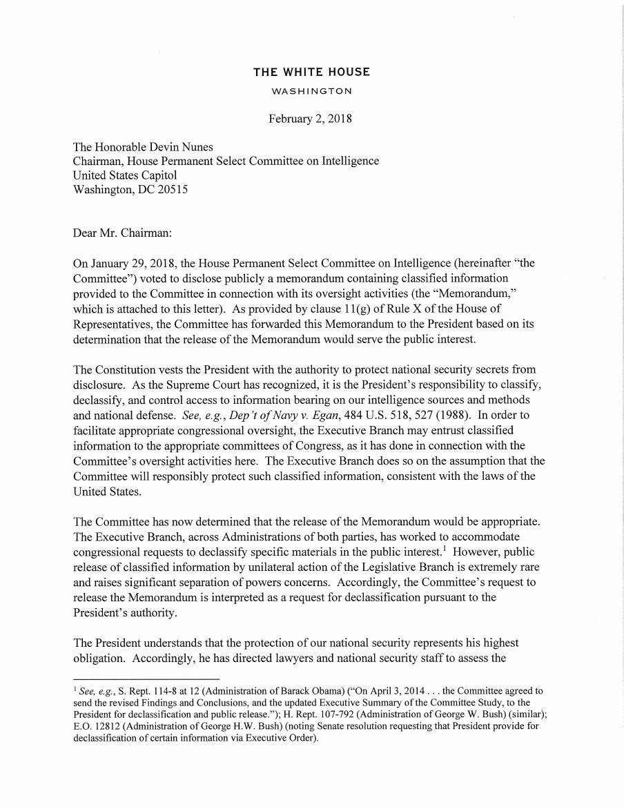 White House Release Letter Page 1
